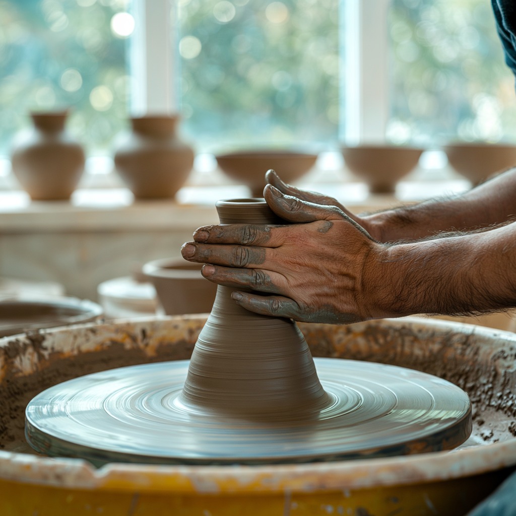 Wheel throwing pottery class in progress